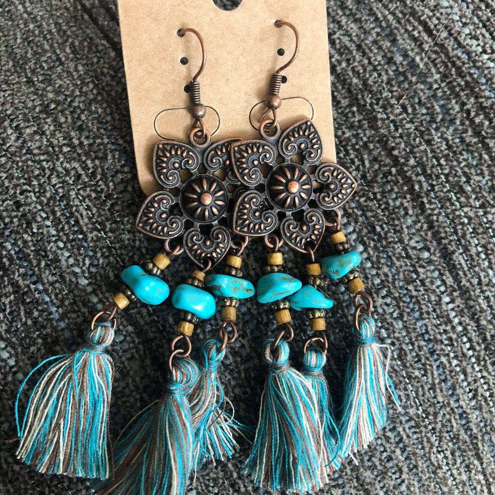 Hollow Out Floral Turquoise Dangle Fringe Earrings